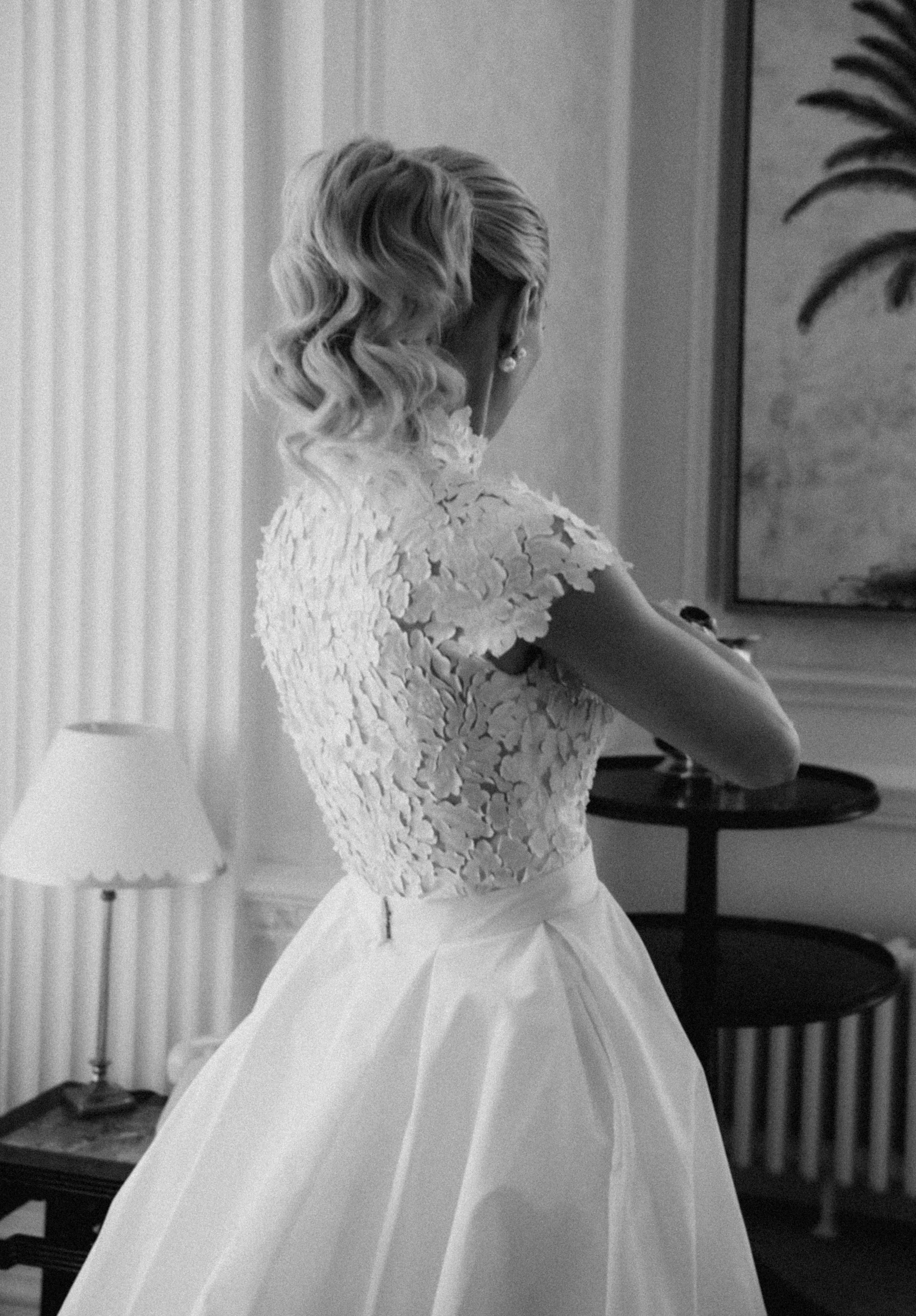Black and white bride, curled updo